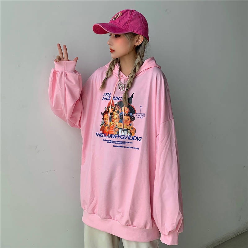 ZHELIHANGFEI Áo len trùm đầu tay dài in hình hoạt hình phong cách đại học