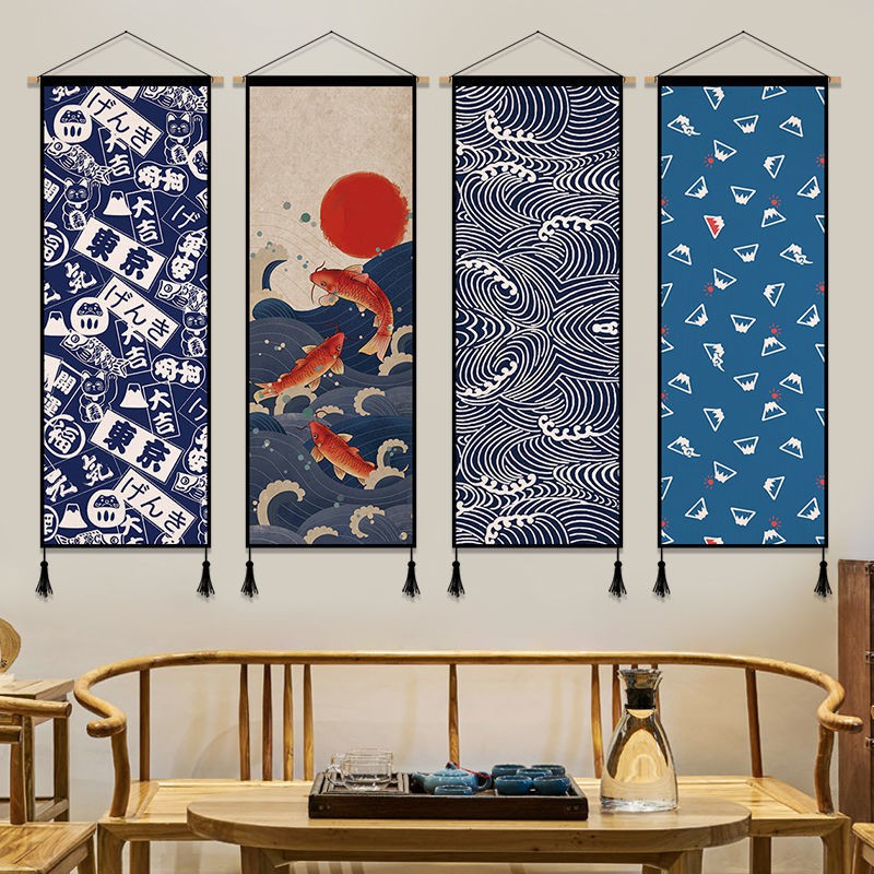 Phong cách Nhật Bản Ukiyo-e vải nghệ thuật treo tranh nền tường trang trí phòng ăn hộp đồng hồ che thảm <