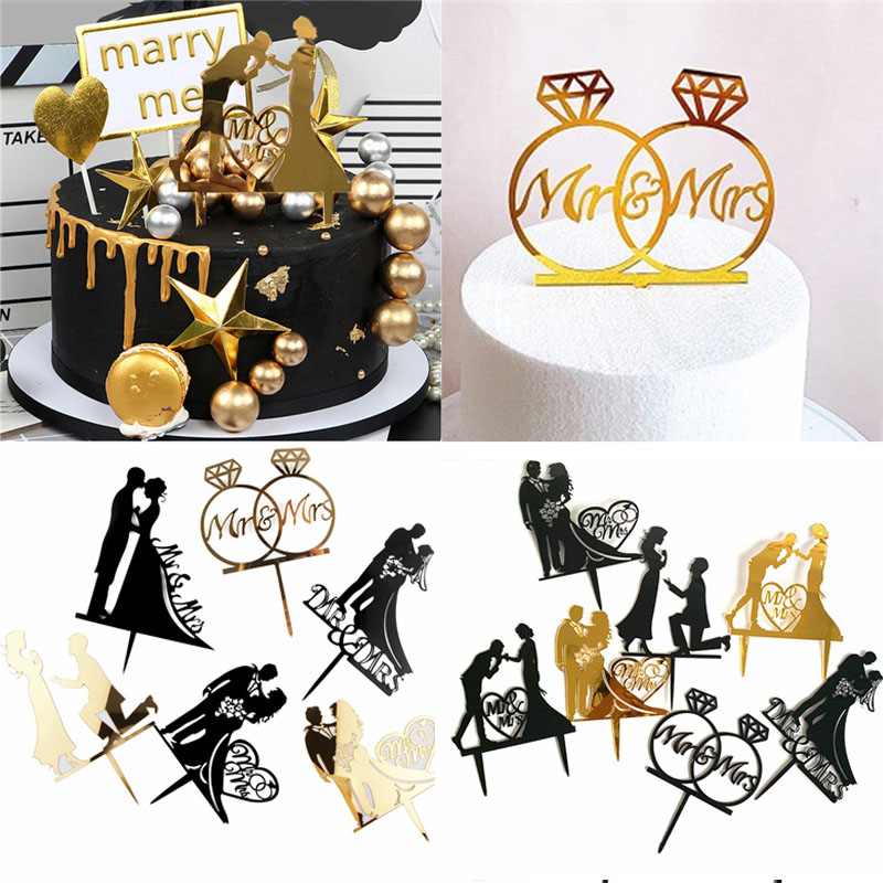 Phụ kiện cắm trang trí bánh kem hình cô dâu chú rể chữ Mr/Mrs xinh xắn