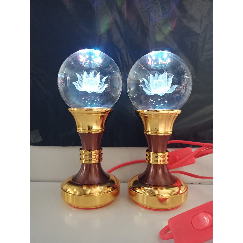 Đèn cầu sen pha lê, đôi đèn led bàn thờ sen pha lê thủy tinh đổi màu ba chức năng cao 19 cm