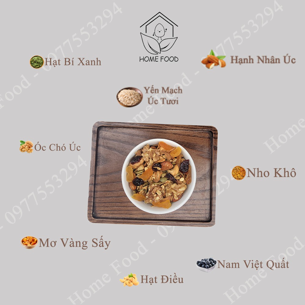 Granola ăn kiêng siêu hạt nướng mật ong, không đường, thêm óc chó, nam việt quất, mơ vàng - 500g ( 3 vị ) - Home Food | BigBuy360 - bigbuy360.vn