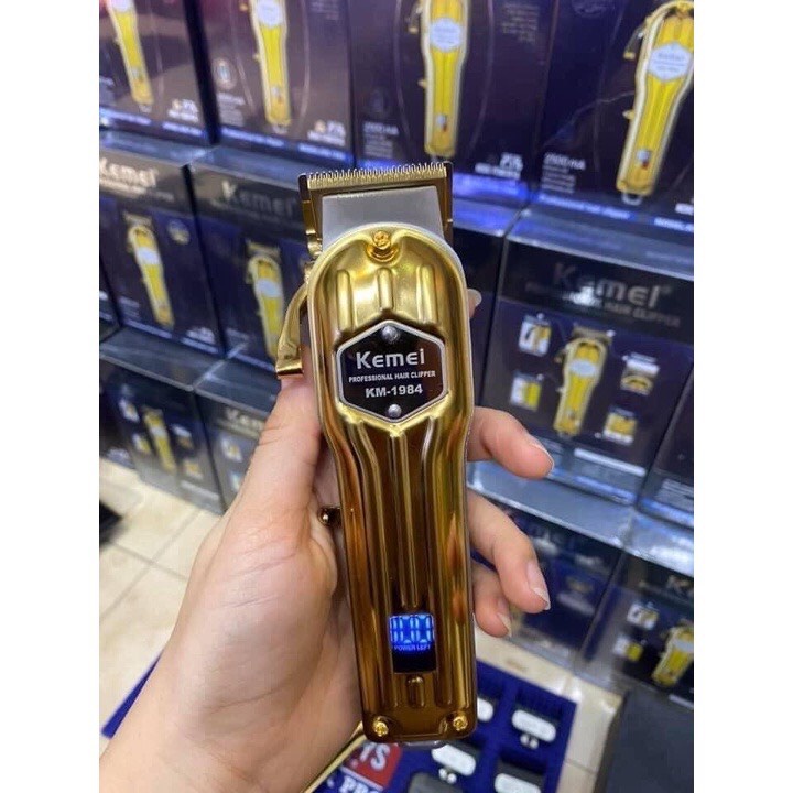 Tông đơ cắt tóc vỏ thép nguyên khối,màn hình hiển thị LCD kemei 1984 vàng sang trọng tinh tế