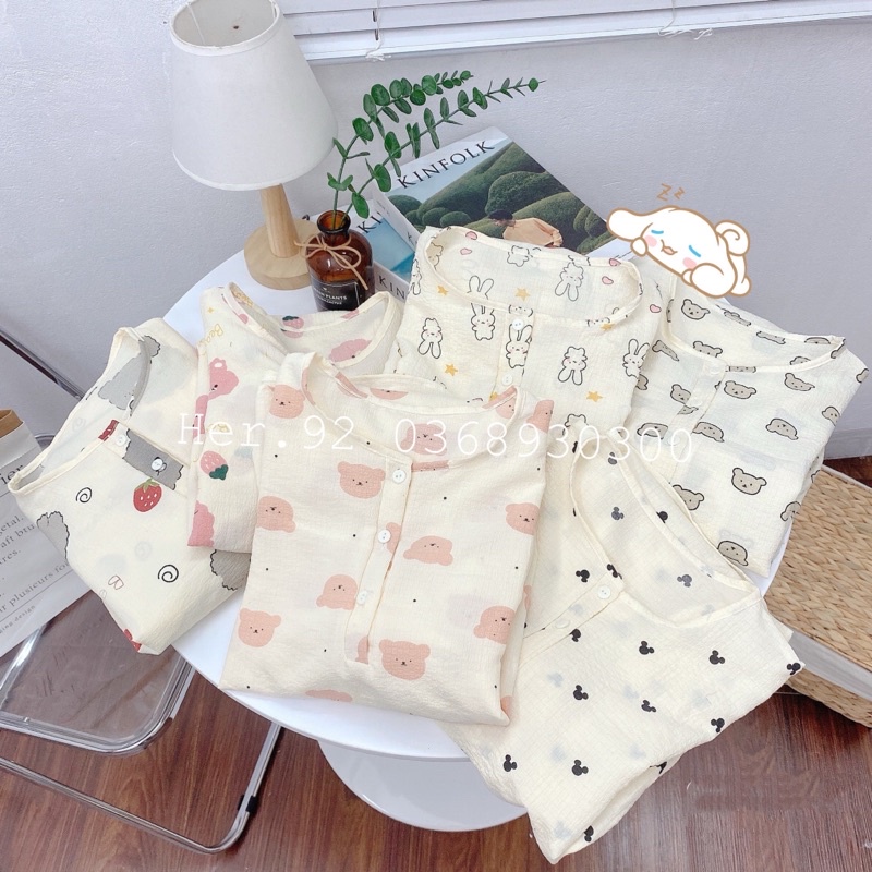 BỘ PYJAMA CHẤT MUSLIN XÔ ĐŨI HÀN - Bộ mặc nhà dễ thương