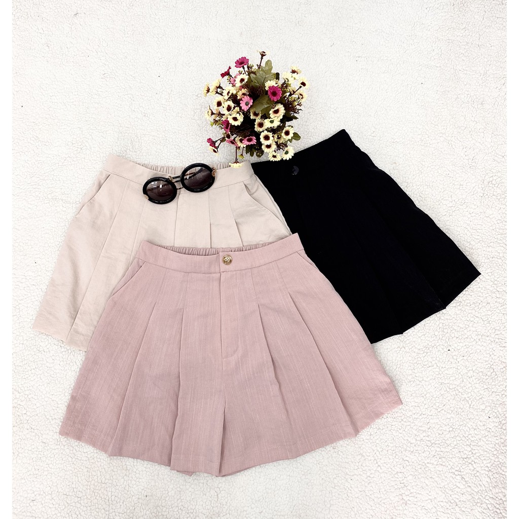 Quần short nữ đũi xếp ly cạp cao khóa giữa, quần Sooc đũi siêu mát 3 màu Hàng thiết kê Hachidesigns