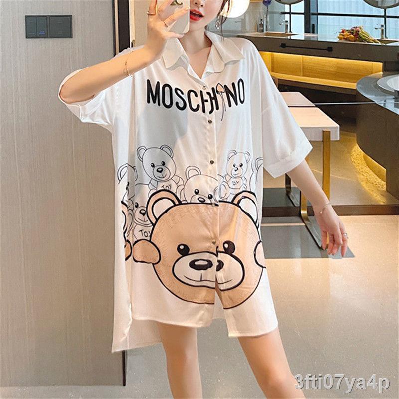 váy ngủ nữ lụa băng sexy pyjama mỏng dài tay áo sơ mi phong cách bạn trai riêng trang phục nội thất ở nhàN