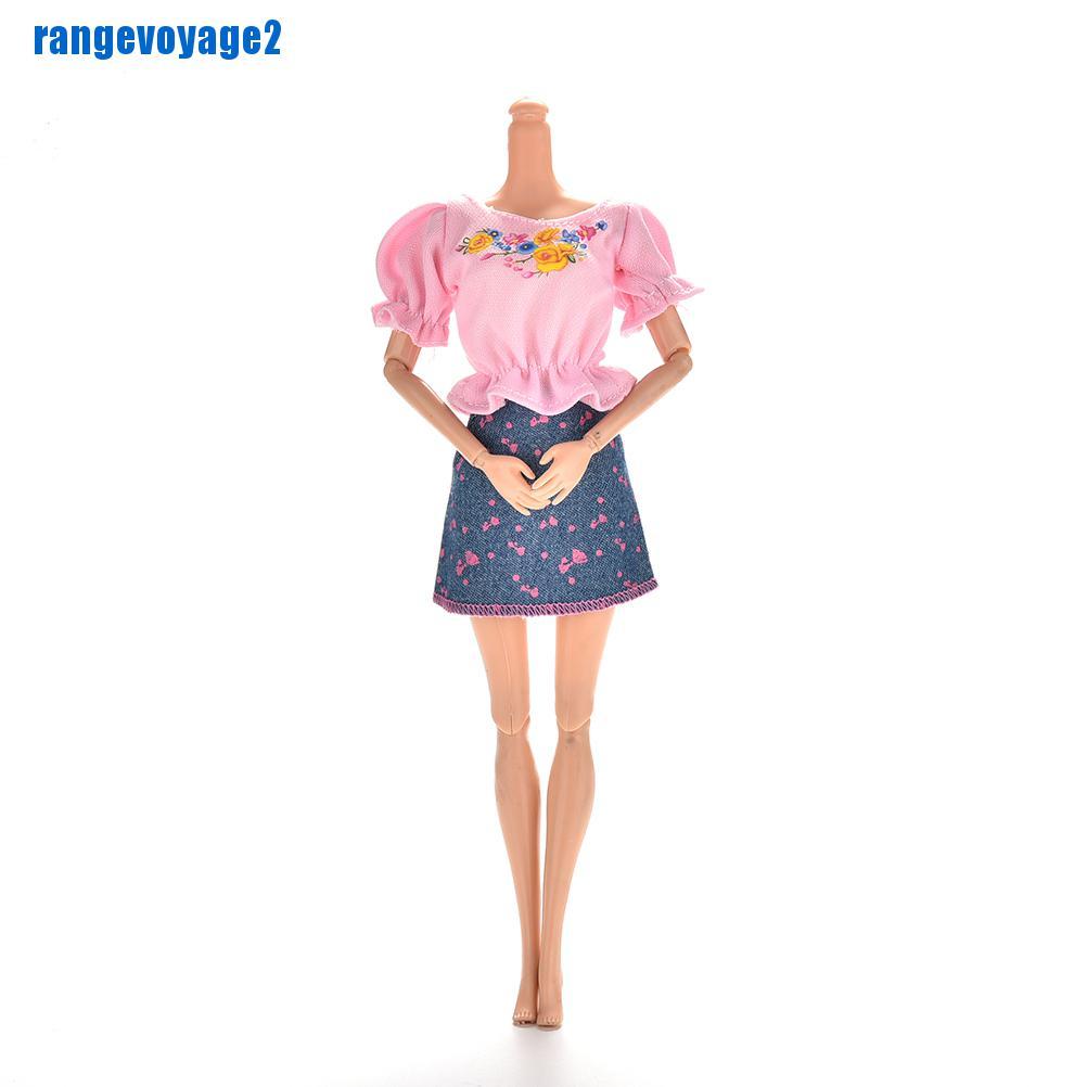 Bộ 2 Áo Thun Màu Hồng + chân váy jean Xanh Cho Búp Bê Barbie (Range11)