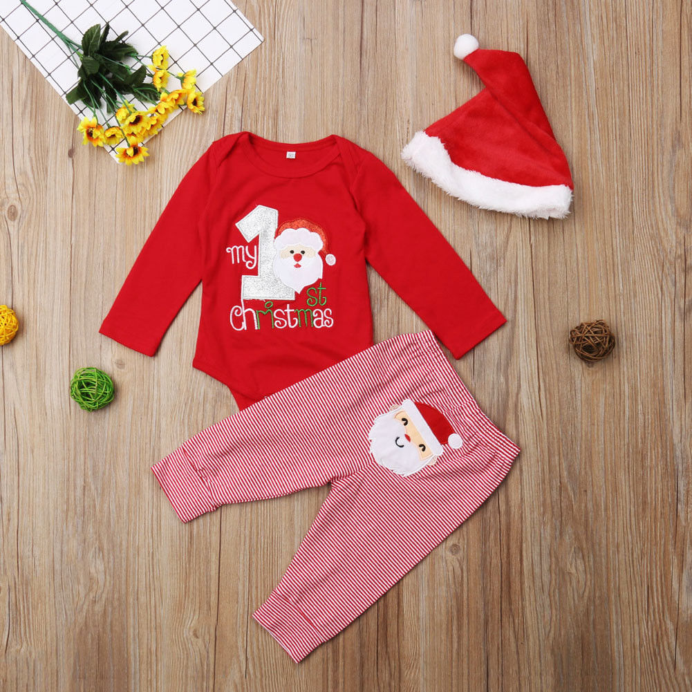 Set áo liền quần + quần dài + mũ trùm đầu họa tiết Giáng sinh cho bé trai + bé gái sơ sinh từ 0-2 tuổi