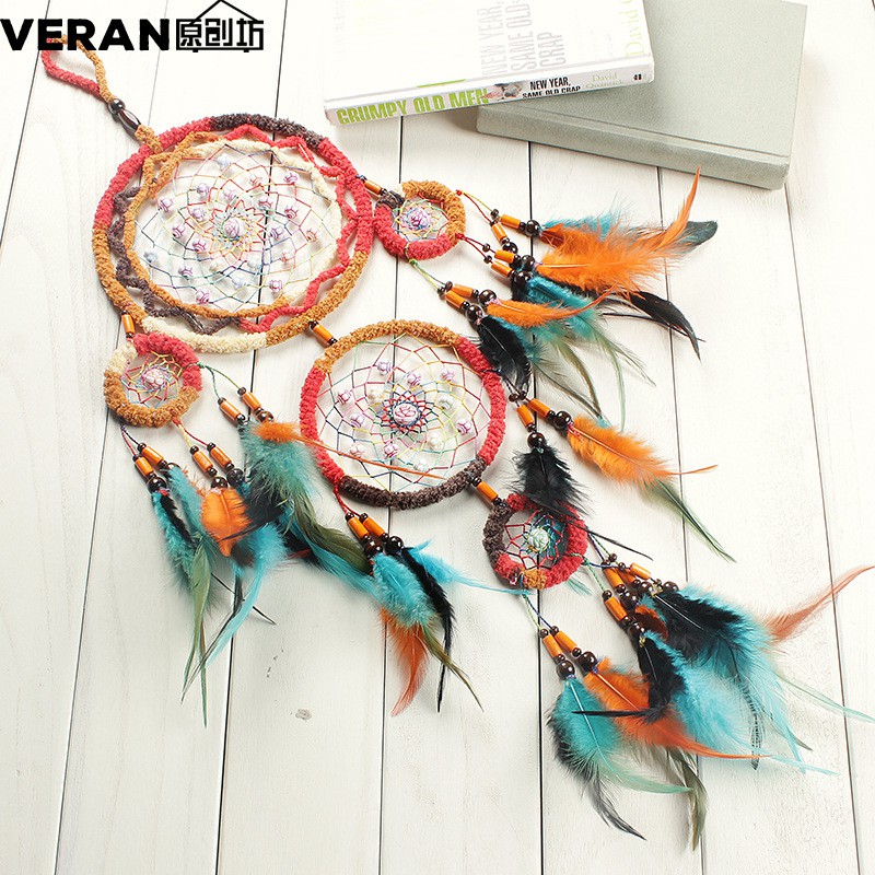 Dreamcatcher boho đỏ cam có lông vũ treo tường trang trí, decor homestay - Handmade Dreamcatcher Decoration