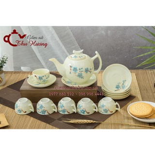 ấm chén Bát Tràng_Bộ bình trà bưởi cành men kem vẽ hoa đào vàng kim