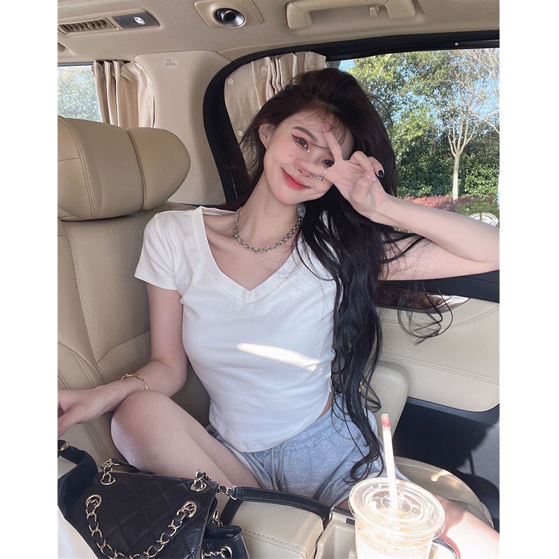 COZOK Áo Thun Tay Ngắn Cổ Chữ v Màu Trắng Thời Trang Cho Nữ