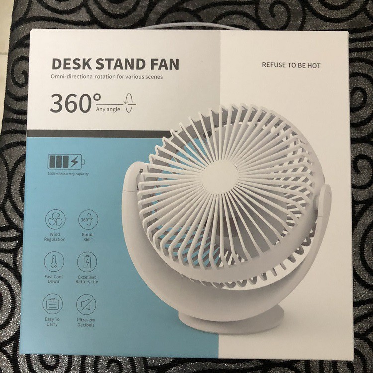 Quạt Để Bàn 20cm Siêu Đẹp, Êm, Sịn Xò Cho Dân Văn Phòng - Quạt Sạc Pin 2000 mAh - Xoay 360 Độ -Ảnh Thật Bảo Hành 3 Tháng