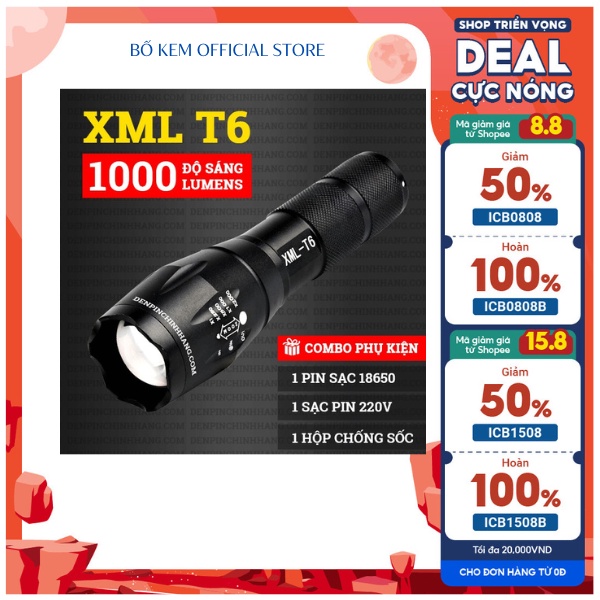 Đèn Pin Siêu Sáng UltraFire Led Cree XML T6 Cao Cấp Hợp Kim Chống Nước Full box