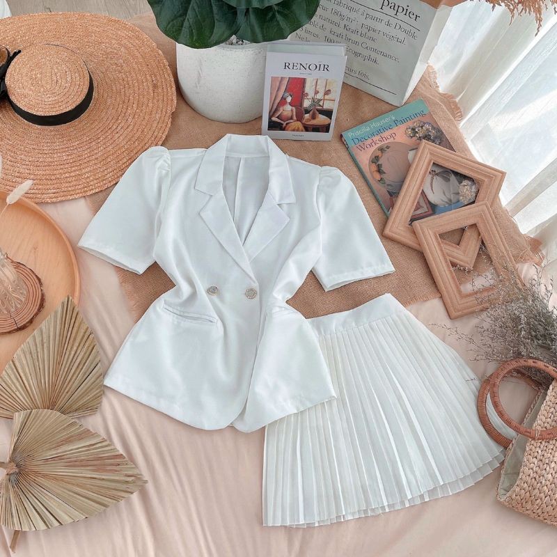 set vest tay ngắn + chân váy dập ly