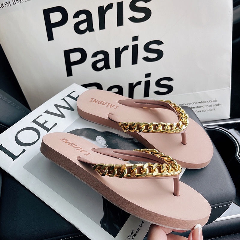 Dép Quai Ngang Đế Bằng Phối Dây Xích Thời Trang Mùa Hè Hàn Quốc 2022 Mới Cho Nữ