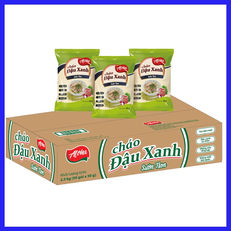 (Thùng 30 gói) - Cháo Đậu Xanh Sườn Non ALOHA - Ăn Liền - Gói 50gr