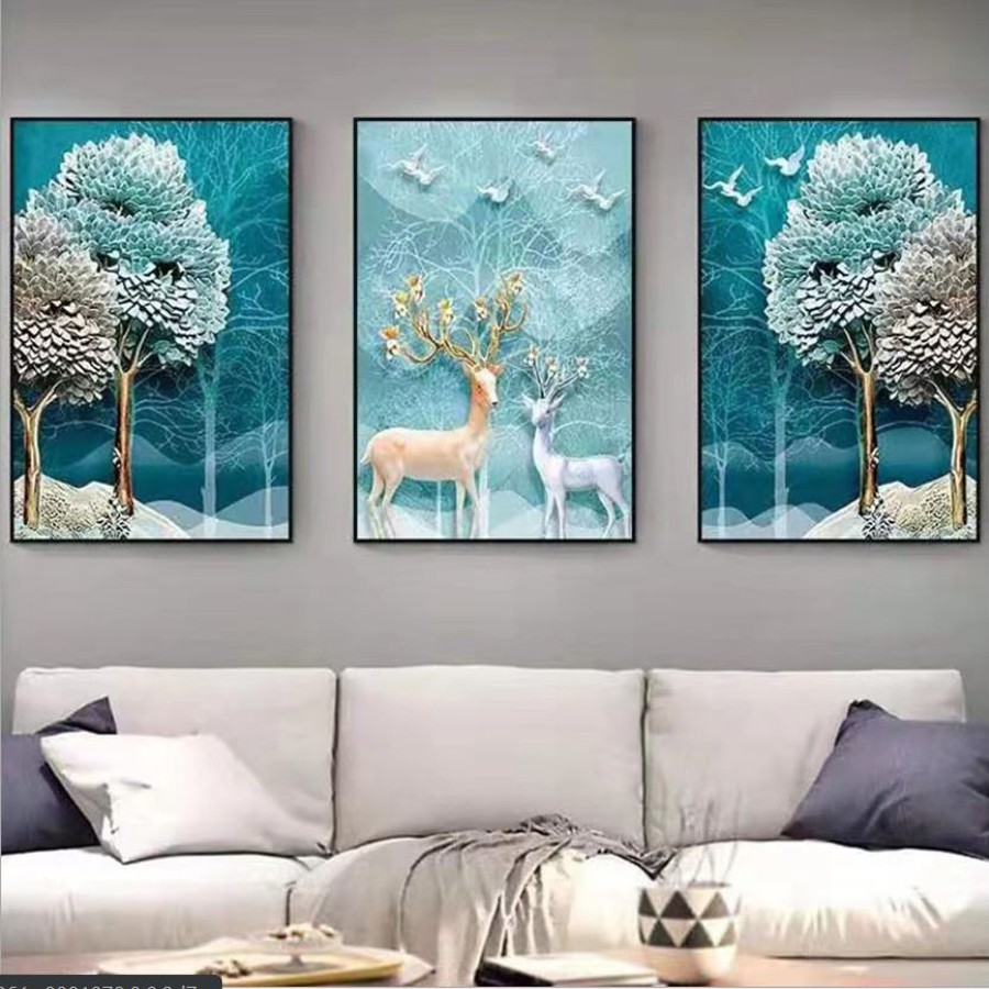 Tranh treo tường canvas 3 bức phong cách hiện đại Bắc Âu 11, tranh hươu trang trí phòng khách, phòng ngủ, phòng ăn, spa