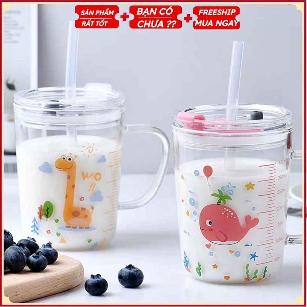 PVN26642 Cốc Chia Vạch Thủy Tinh Pha Sữa Cho Bé 350ml Có Tay Cầm, Nắp Và Ống Hút Tiện Lợi Chống Sánh, Ly Chia Vạch T2