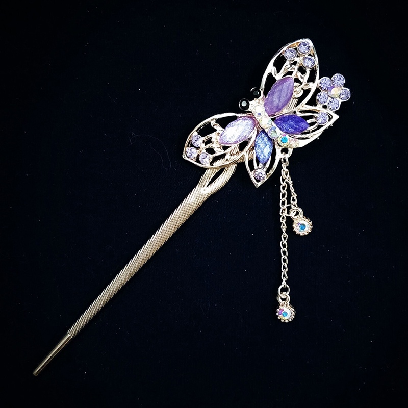 Trâm cài tóc đính đá họa tiết bươm bướm tua rua vintage