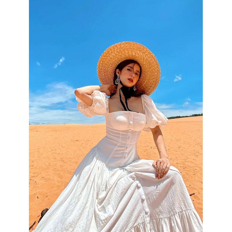 SÒ VINTAGE - REYNA Đầm maxi xô cổ U tay phồng phối nút | BigBuy360 - bigbuy360.vn