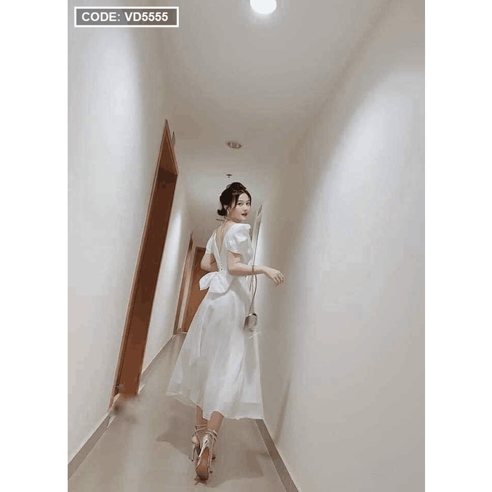 [HCM – hàng cao cấp] Mẫu đầm nữ đẹp maxi màu trắng cổ vuông nơ lưng tay bồng. | BigBuy360 - bigbuy360.vn