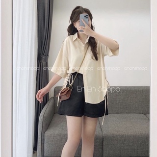 Áo sơ mi lụa cộc tay thắt dây eo cá tính, độc đáo