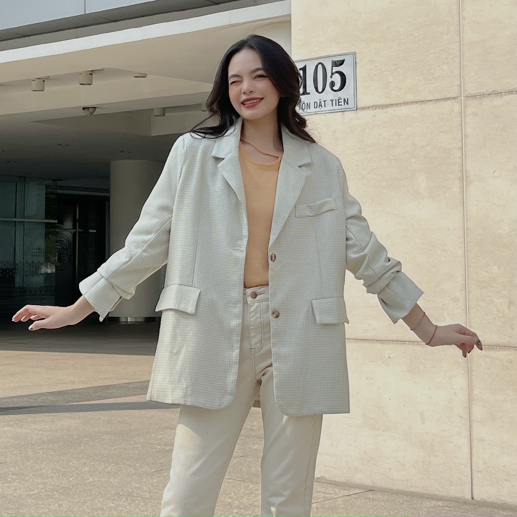 Áo blazer kẻ 2 túi màu kem LENCLOTHING 852100