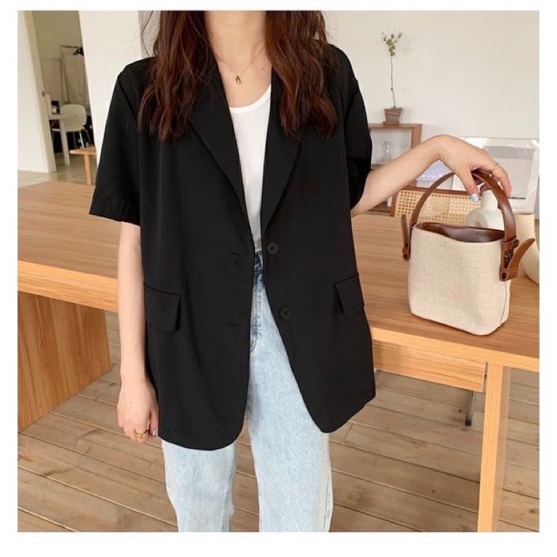 Áo blazer cộc tay đen + trắng SẴN