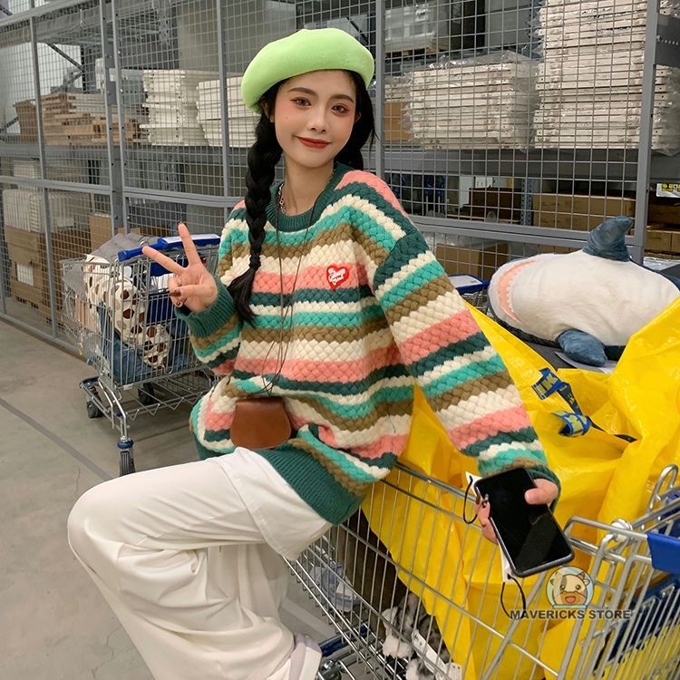 Áo sweater dệt kim chui đầu màu cầu vồng dễ phối đồ thời trang thu đông cho nữ