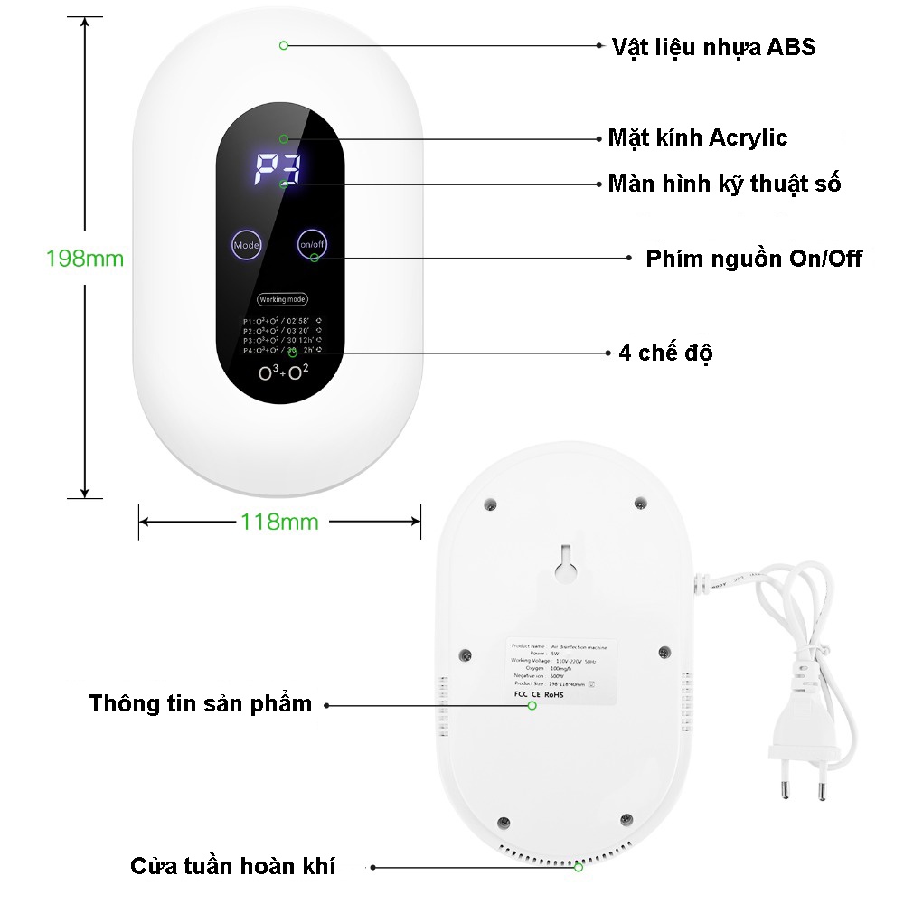Máy lọc không khí khử bụi mùi hôi tạo bằng ozone và ion âm cho gia đình công suất 5W, 4 chế độ lọc khí. Bảo hành 6 tháng