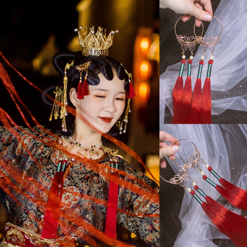 Dây Cột Tóc Hình Bướm Đính Ngọc Trai Tua Rua Phong Cách Cổ Điển