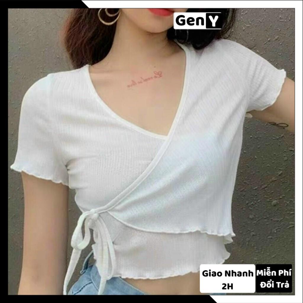 Áo Croptop Nữ Đắp Chéo Tà GenY Áo Kiểu Nữ Cổ V Chất Thun Gân Mềm Mịn | BigBuy360 - bigbuy360.vn