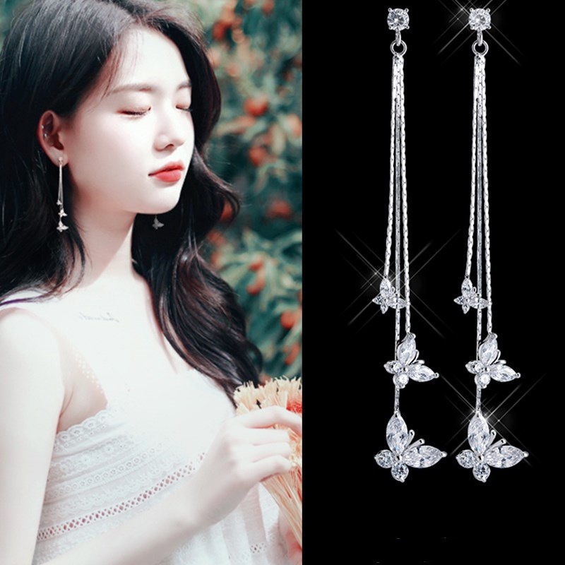 Đôi Khuyên Tai Dáng Dài Phối Tua Rua Hình Bướm Đính Đá Thời Trang Cho Nữ