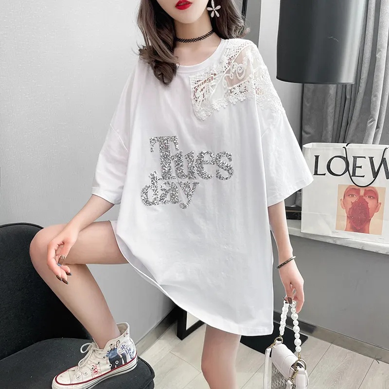Áo Thun Ngắn Tay Cổ Tròn Phối Ren Dáng Rộng Thời Trang Mùa Hè C8685 40-150KG