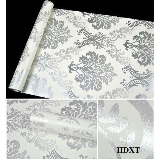 10m giấy dán tường hoa văn châu âu màu bạc khổ rộng 45cm có keo dán sẵn