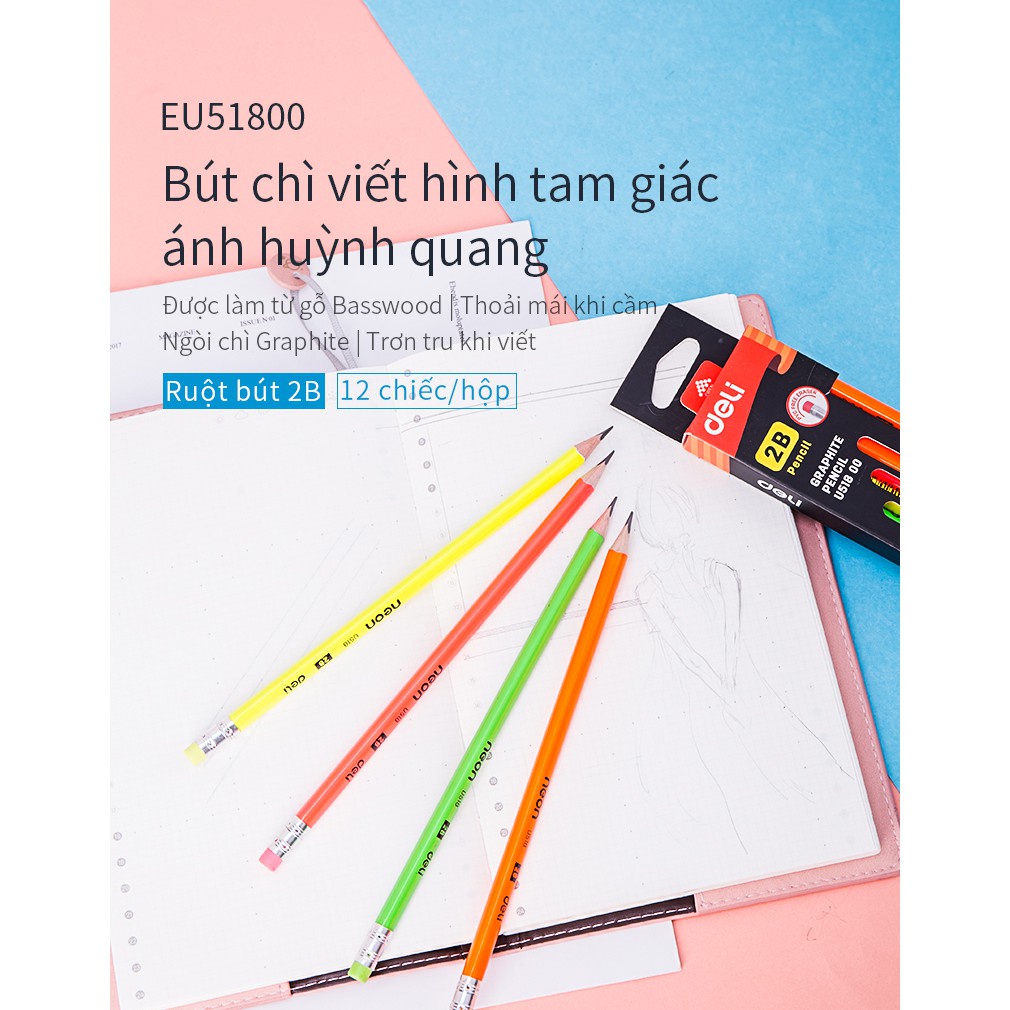 Bút chì 2B Deli thân bút tam giác Neon nhiều màu sắc U51800 - 12 chiếc/ hộp