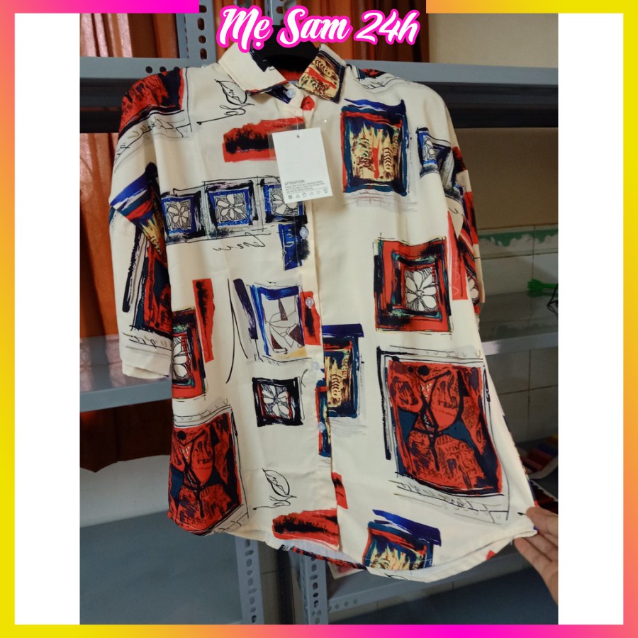 Áo sơ mi nữ form rộng tay lỡ freesize Mẹ Sam 24h, chất liệu đũi mềm mát, họa tiết in hình Ô Tranh