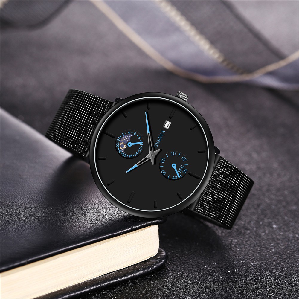 Đồng hồ nam dây lưới chính hãng GENEVA thời trang cao cấp kim dạ quang có lịch ngày | BigBuy360 - bigbuy360.vn