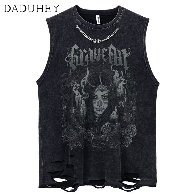 Áo thun ba lỗ dáng rộng nam nữ kiểu rách in họa tiết chữ phong cách Mỹ gothic tối màu httaosup