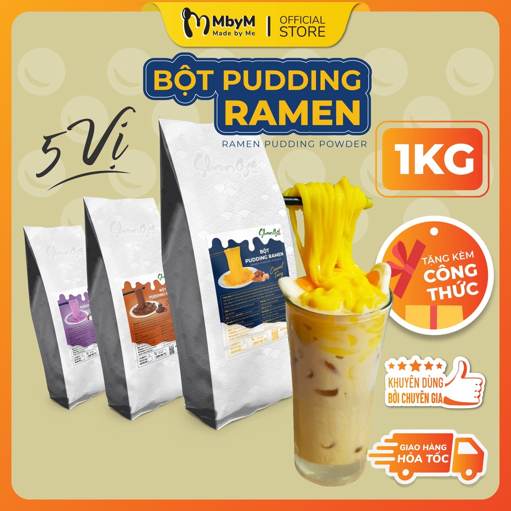 Bột PUDDING RAMEN Shangao 5 vị Caramel trứng, Socola, Matcha, Dâu, Khoai môn loại 1kg Tặng