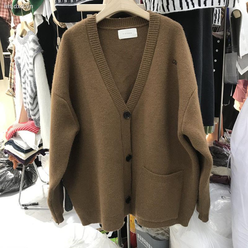 Áo khoác cardigan dệt kim cổ chữ V dáng rộng màu đen thời trang thu đông