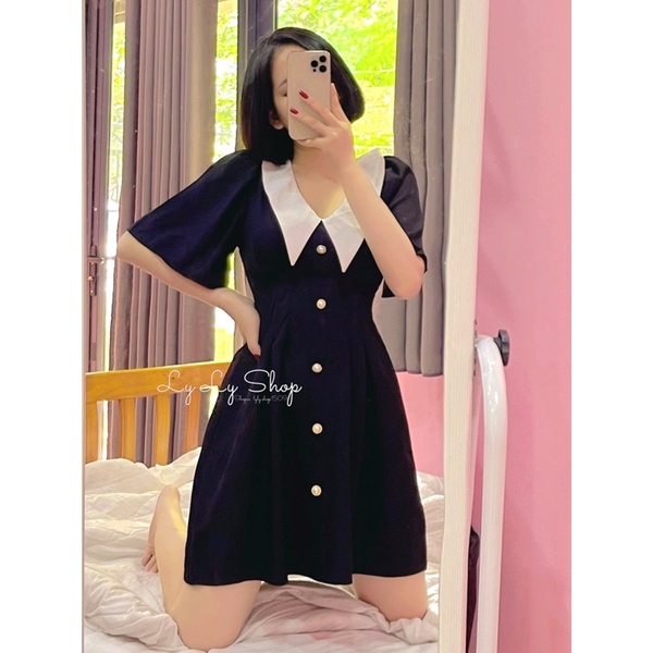 Đầm đen phối cổ trắng peter kết nút ( có bigsize)