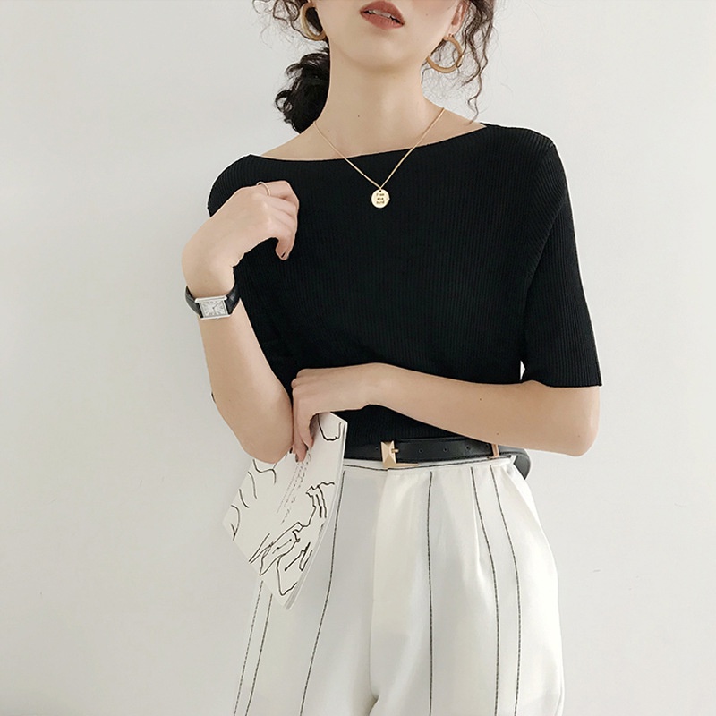 Áo kiểu IELGY dệt kim lụa lạnh co giãn tay ngắn nhiều màu trơn tùy chọn phong cách Nhật Hàn thời trang ngọt ngào cho nữ