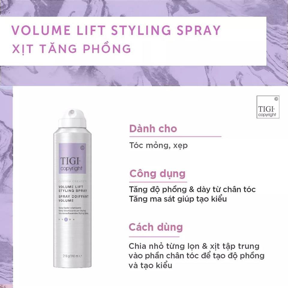 Xịt tăng phồng Tigi Copyright Volume Lift Styling Spray 240ml