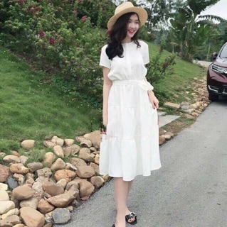 Đầm trắng 3 tầng thắt nơ eo