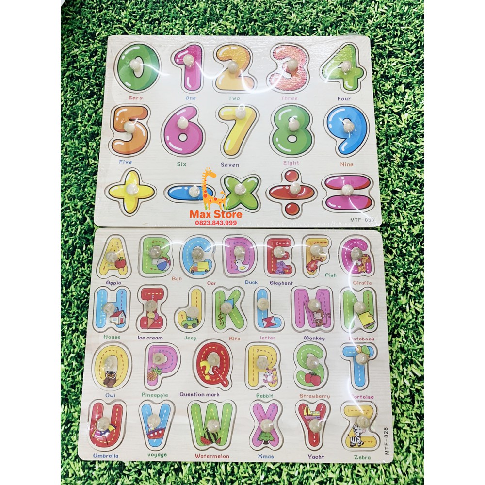 Combo 2 Bảng Núm Gỗ Chữ Cái và Số