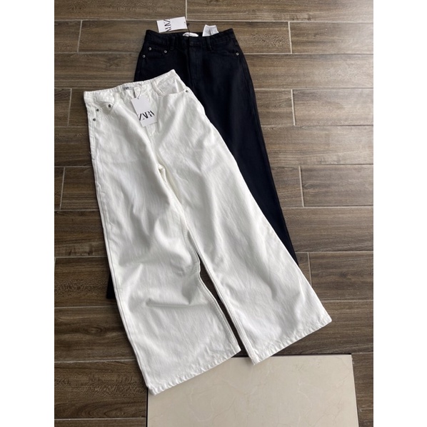 Quần jean nữ lưng cao ống rộng dài Z.R.đen trắng,quần culottes dài lưng cao-chất jean cotton mềm(hàng xuất xịn)