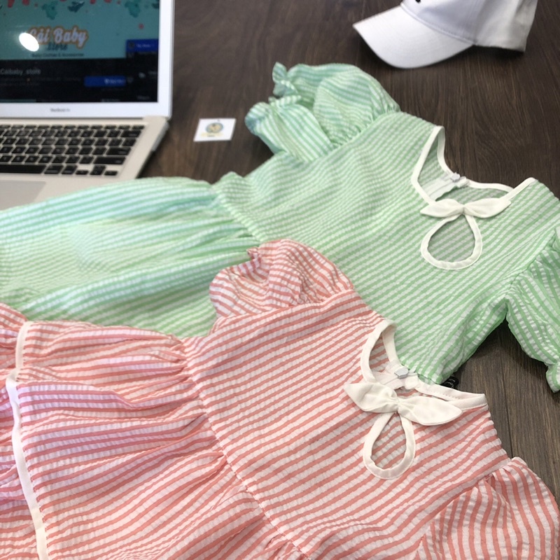 Váy Công Chúa Cổ Nơ Tay Bồng Chất Đũi Xốp Dễ Thương Cho Bé Gái