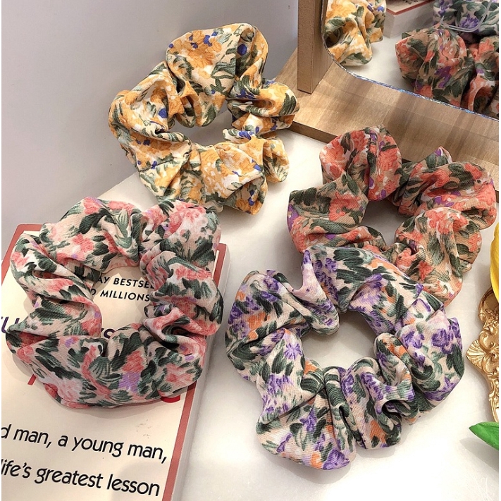 Dây buộc tóc Scrunchies vải mềm Vintage in hoa dịu dàng HD55