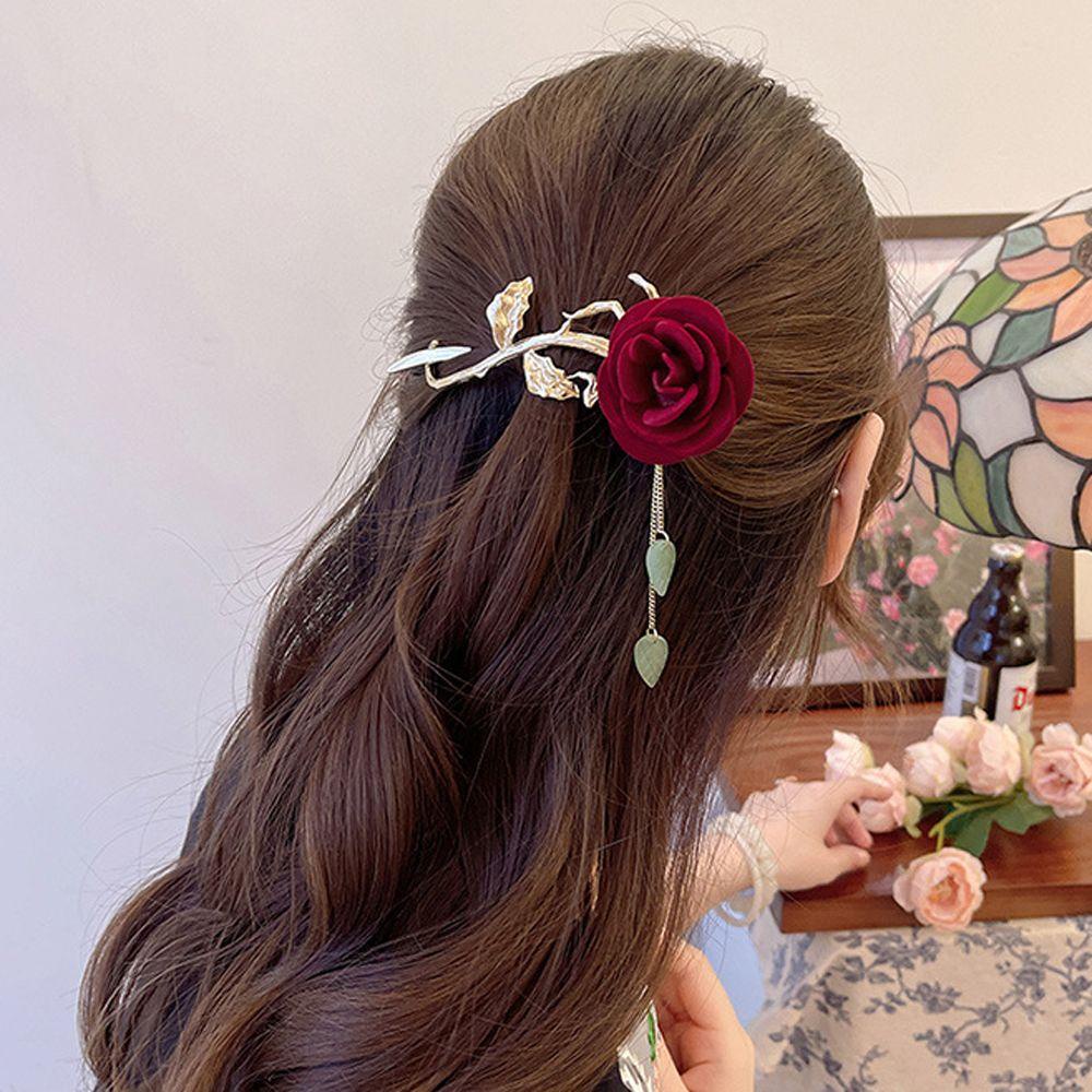 Kẹp Tóc Hình Cành Hoa Hồng Phong Cách Retro Cho Nữ