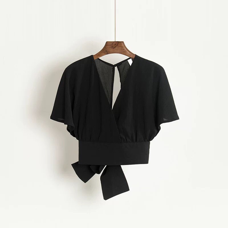 Áo Kiểu Von Cổ V Form Croptop Phối Nơ Eo Sau Lưng Duyên Dáng TTSL0057